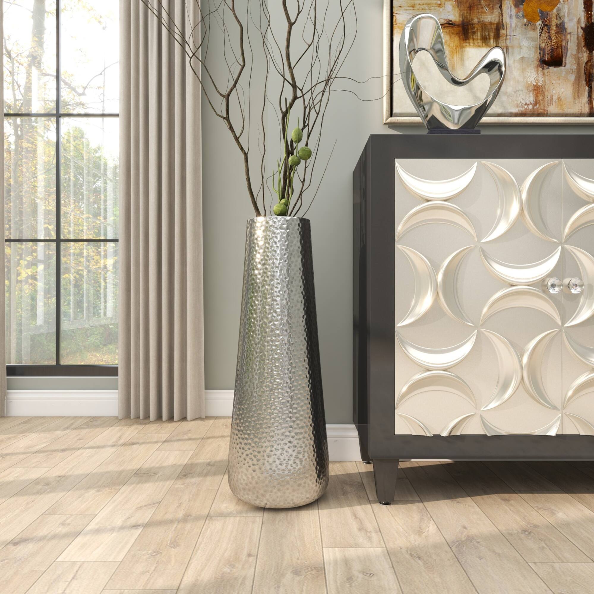 25" Silver Aluminum Tall Hammered Vase